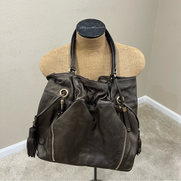 Cole Haan Womens Metallic Brown Leather Tassel Drawstring Satchel Handbag Bronze - Picture 2 of 16